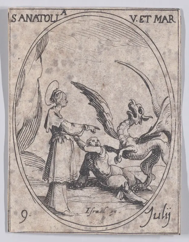 Ste. Anatolie, vierge et martyre (St. Anatolia, Virgin and Martyr), July 9th, from "Les Images De Tous Les Saincts et Saintes de L'Année" (Images of All of the Saints and Religious Events of the Year) Wall Art by Jacques Callot - High-Resolution Digital Print
