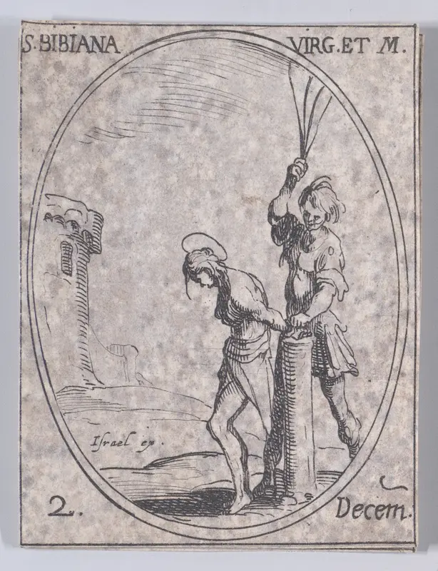 Ste. Bibienne, vierge et martyre (St. Bibiana, Virgin and Martyr), December 2nd, from "Les Images De Tous Les Saincts et Saintes de L'Année" (Images of All of the Saints and Religious Events of the Year) Wall Art by Jacques Callot - High-Resolution Digital Print