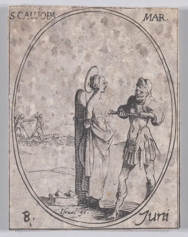 Ste. Calliope, martyre (St. Calliope, Martyr), June 8th, from "Les Images De Tous Les Saincts et Saintes de L'Année" (Images of All of the Saints and Religious Events of the Year) Wall Art by Jacques Callot - High-Resolution Digital Print