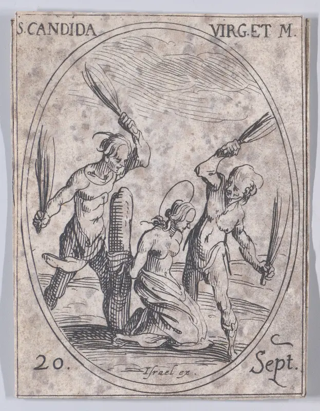 Ste. Candide, vierge et martyre (St. Candida, Virgin and Martyr), September 20th, from "Les Images De Tous Les Saincts et Saintes de L'Année" (Images of All of the Saints and Religious Events of the Year) Wall Art by Jacques Callot - High-Resolution Digital Print