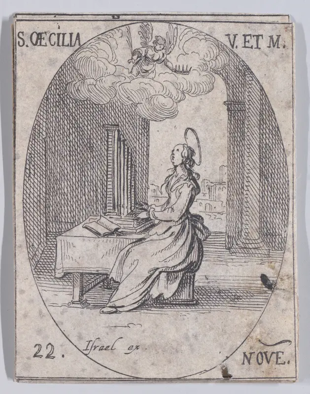 Ste. Cécile, vierge et martyre (St. Cecilia, Virgin and Martyr), November 22nd, from "Les Images De Tous Les Saincts et Saintes de L'Année" (Images of All of the Saints and Religious Events of the Year) Wall Art by Jacques Callot - High-Resolution Digital Print