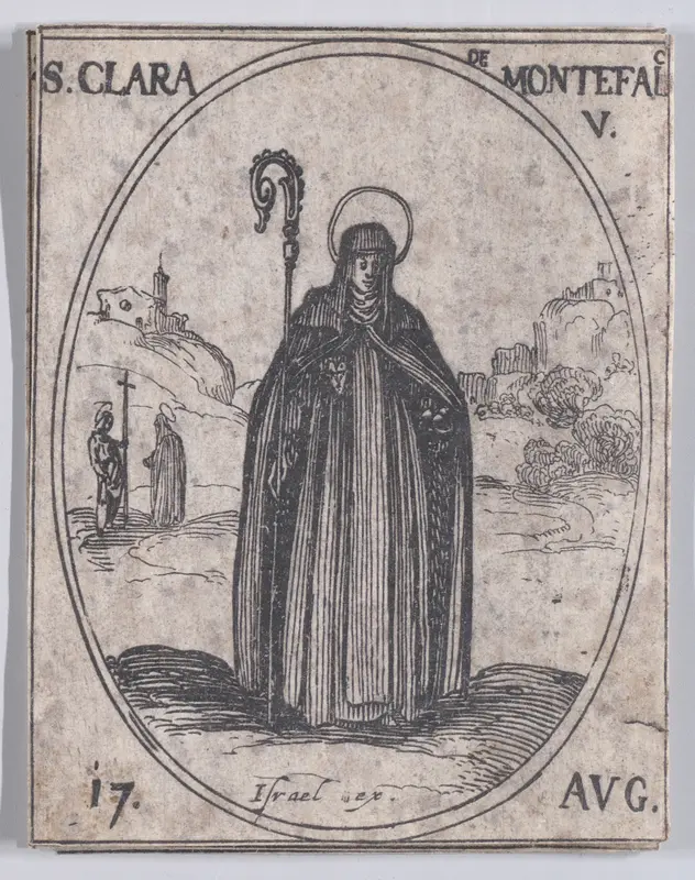 Ste. Claire de Monte-Falco, vierge (St. Clare of Montefalco, Virgin), August 17th, from "Les Images De Tous Les Saincts et Saintes de L'Année" (Images of All of the Saints and Religious Events of the Year) Wall Art by Jacques Callot - High-Resolution Digital Print