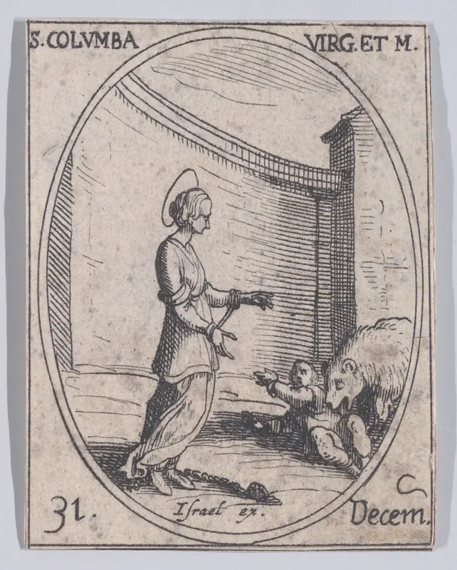 Ste. Columbe, vierge et martyre (St. Columba, Virgin and Martyr), December 31st, from "Les Images De Tous Les Saincts et Saintes de L'Année" (Images of All of the Saints and Religious Events of the Year) Wall Art by Jacques Callot - High-Resolution Digital Print