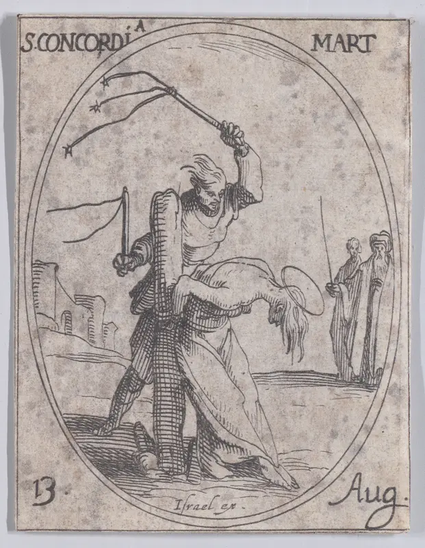 Ste. Concorde, martyre (St. Concordia, Martyr), August 13th, from "Les Images De Tous Les Saincts et Saintes de L'Année" (Images of All of the Saints and Religious Events of the Year) Wall Art by Jacques Callot - High-Resolution Digital Print