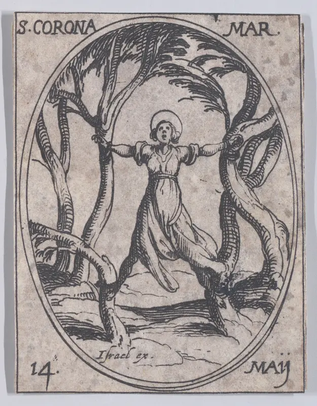 Ste. Couronne, martyre (St. Corona, Martyr), May 14th, from "Les Images De Tous Les Saincts et Saintes de L'Année" (Images of All of the Saints and Religious Events of the Year) Wall Art by Jacques Callot - High-Resolution Digital Print