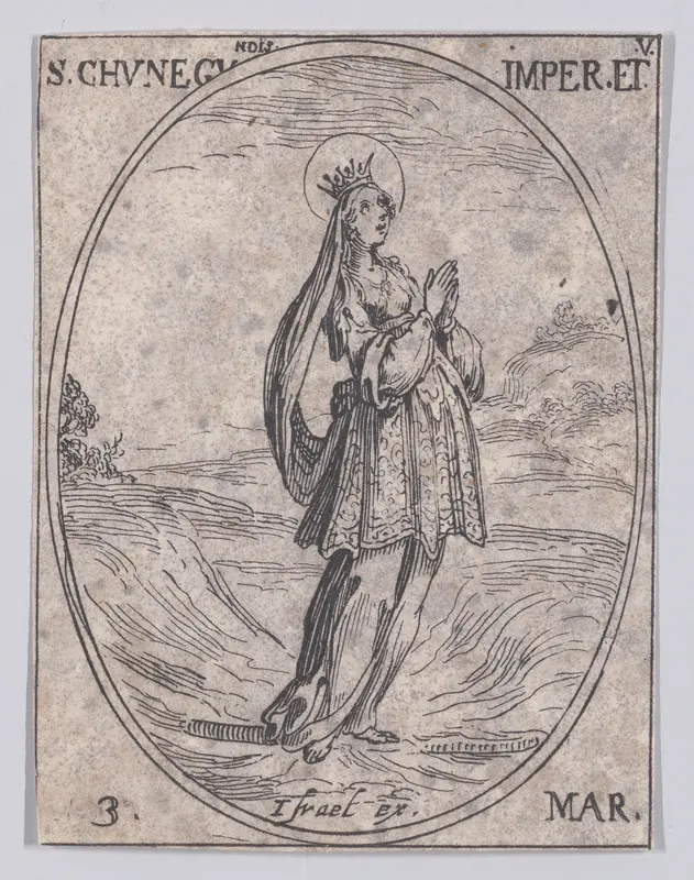 Ste. Cunégonde, impératrice et vierge (St. Cunegund, Empress and Virgin), March 3rd, from "Les Images De Tous Les Saincts et Saintes de L'Année" (Images of All of the Saints and Religious Events of the Year) Wall Art by Jacques Callot - High-Resolution Digital Print