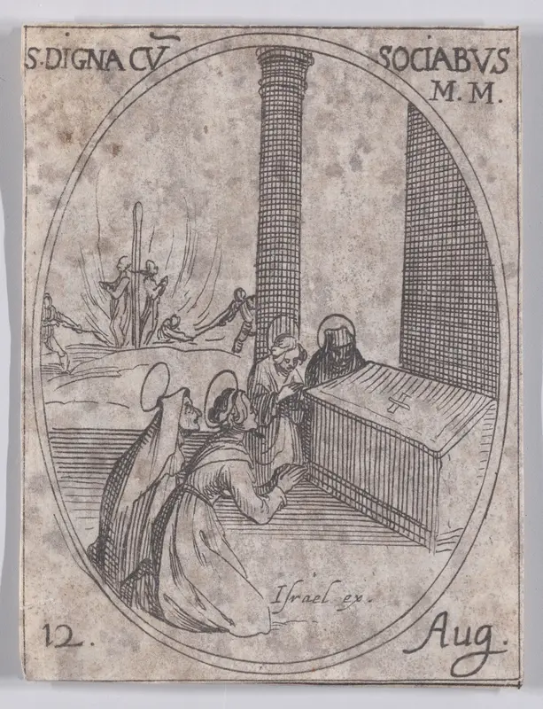 Ste. Digne et Ses Compagnes (St. Digna and Her Companions (including St. Hilaria)), August 12th, from "Les Images De Tous Les Saincts et Saintes de L'Année" (Images of All of the Saints and Religious Events of the Year) Wall Art by Jacques Callot - High-Resolution Digital Print