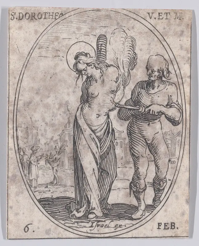 Ste. Dorothée, vierge et martyre (St. Dorothy, Virgin and Martyr), February 6th, from "Les Images De Tous Les Saincts et Saintes de L'Année" (Images of All of the Saints and Feast Days of the Year) Wall Art by Jacques Callot - High-Resolution Digital Print