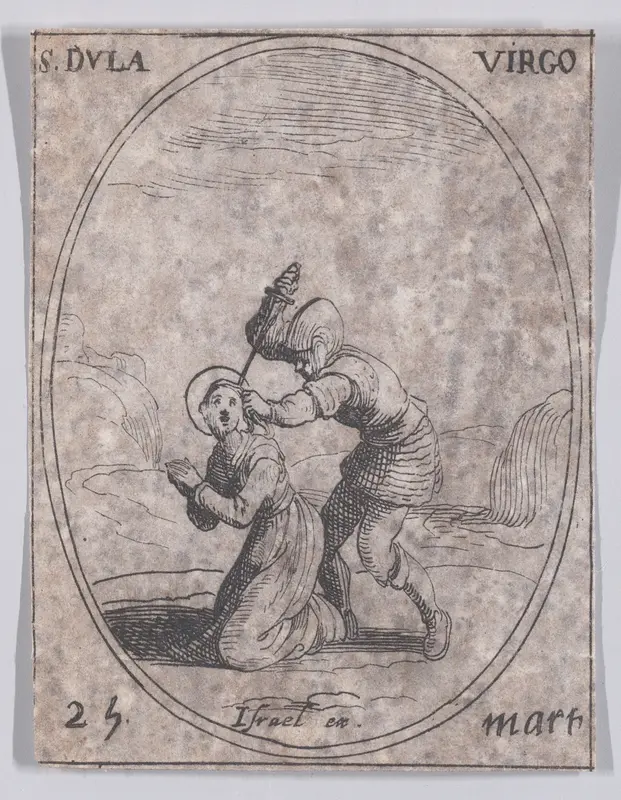 Ste. Dule, vierge (St. Dula, Virgin), March 25th, from "Les Images De Tous Les Saincts et Saintes de L'Année" (Images of All of the Saints and Religious Events of the Year) Wall Art by Jacques Callot - High-Resolution Digital Print