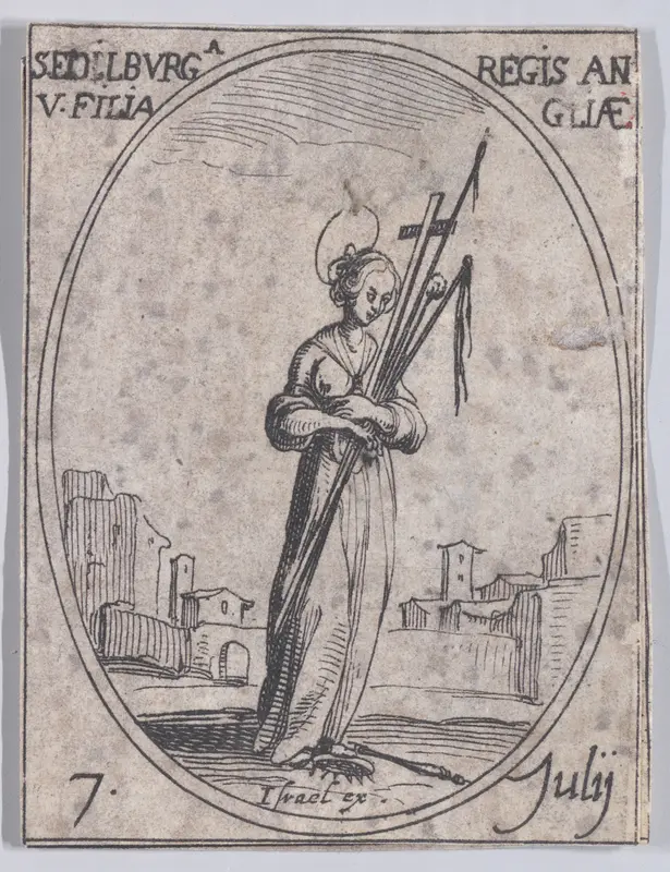 Ste. Edilburge, fille du roi d'Angleterre (St. Ethelburga, Daughter of the King of England), July 7th, from "Les Images De Tous Les Saincts et Saintes de L'Année" (Images of All of the Saints and Religious Events of the Year) Wall Art by Jacques Callot - High-Resolution Digital Print