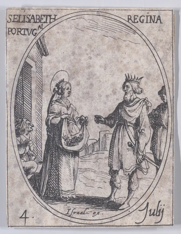 Ste. Elisabeth, reine de Portugal (St. Elizabeth, Queen of Portugal), July 4th, from "Les Images De Tous Les Saincts et Saintes de L'Année" (Images of All of the Saints and Religious Events of the Year) Wall Art by Jacques Callot - High-Resolution Digital Print