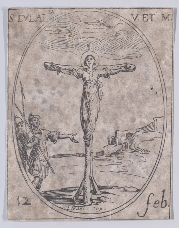 Ste. Eulalie, vierge et martyre (St. Eulalia, Virgin and Martyr), February 12th, from "Les Images De Tous Les Saincts et Saintes de L'Année" (Images of All of the Saints and Religious Events of the Year) Wall Art by Jacques Callot - High-Resolution Digital Print