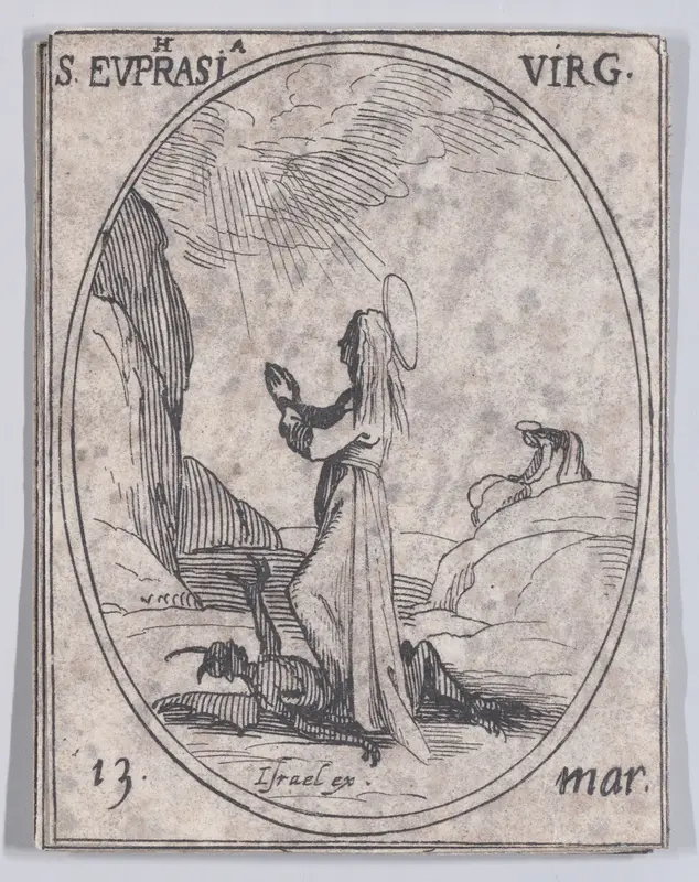Ste. Euphraise, vierge (St. Euphrasia, Virgin), March 13th, from "Les Images De Tous Les Saincts et Saintes de L'Année" (Images of All of the Saints and Religious Events of the Year) Wall Art by Jacques Callot - High-Resolution Digital Print