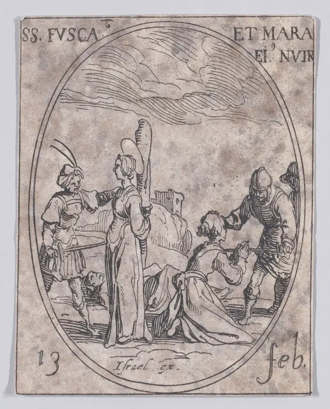 Ste. Fusque et St. Maure, sa nourrice (St. Fusca and St. Maura, Her Nurse), February 13th, from "Les Images De Tous Les Saincts et Saintes de L'Année" (Images of All of the Saints and Religious Events of the Year) Wall Art by Jacques Callot - High-Resolution Digital Print