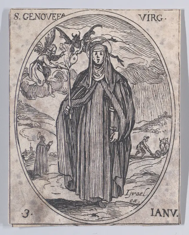 Ste. Geneviève, vierge (St. Genevieve, Virgin), January 3rd, from "Les Images De Tous Les Saincts et Saintes de L'Année" (Images of All of the Saints and Feast Days of the Year) Wall Art by Jacques Callot - High-Resolution Digital Print