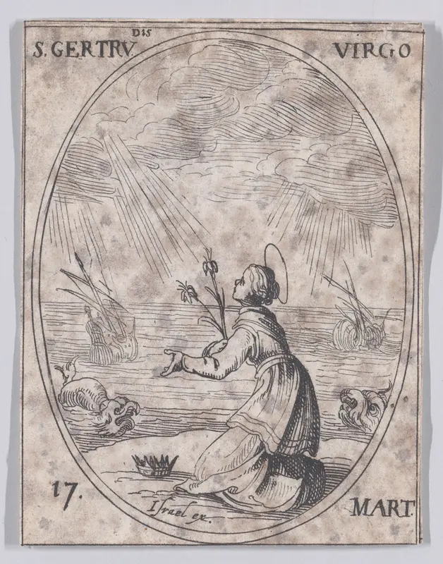 Ste. Gertrude, vierge (St. Gertrude, Virgin), March 17th, from "Les Images De Tous Les Saincts et Saintes de L'Année" (Images of All of the Saints and Religious Events of the Year) Wall Art by Jacques Callot - High-Resolution Digital Print