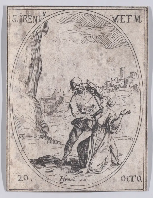 Ste. Irène, vierge et martyre (St. Irene, Virgin and Martyr), October 20th, from "Les Images De Tous Les Saincts et Saintes de L'Année" (Images of All of the Saints and Religious Events of the Year) Wall Art by Jacques Callot - High-Resolution Digital Print