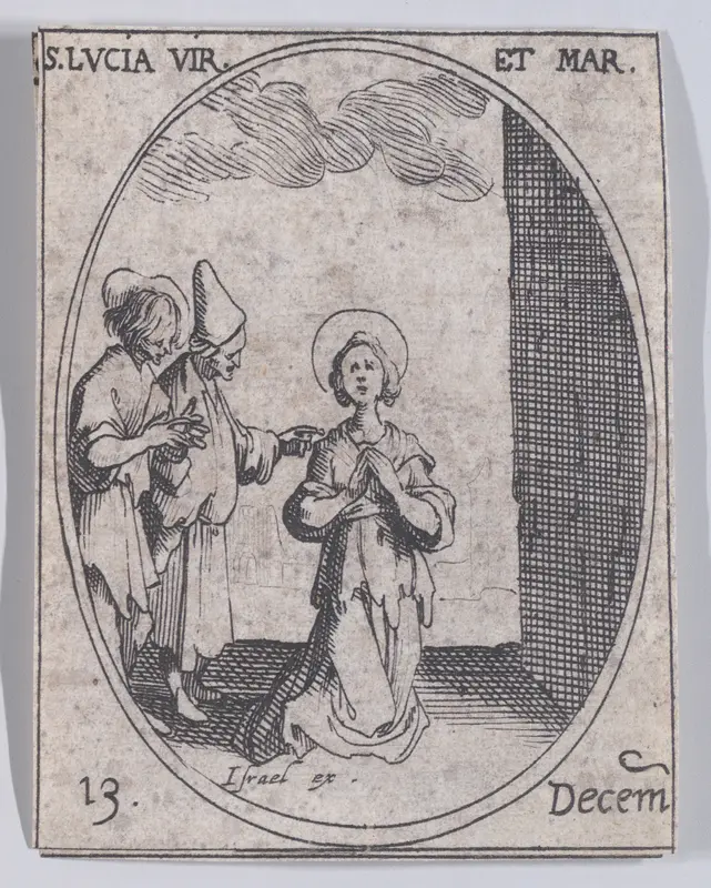 Ste. Lucie, vierge et martyre (St. Lucy, Virgin and Martyr), December 13th, from "Les Images De Tous Les Saincts et Saintes de L'Année" (Images of All of the Saints and Religious Events of the Year) Wall Art by Jacques Callot - High-Resolution Digital Print