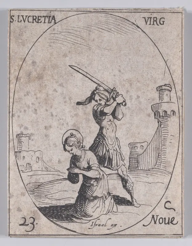 Ste. Lucrèce, vierge (St. Lucretia, Virgin), November 23rd, from "Les Images De Tous Les Saincts et Saintes de L'Année" (Images of All of the Saints and Religious Events of the Year) Wall Art by Jacques Callot - High-Resolution Digital Print