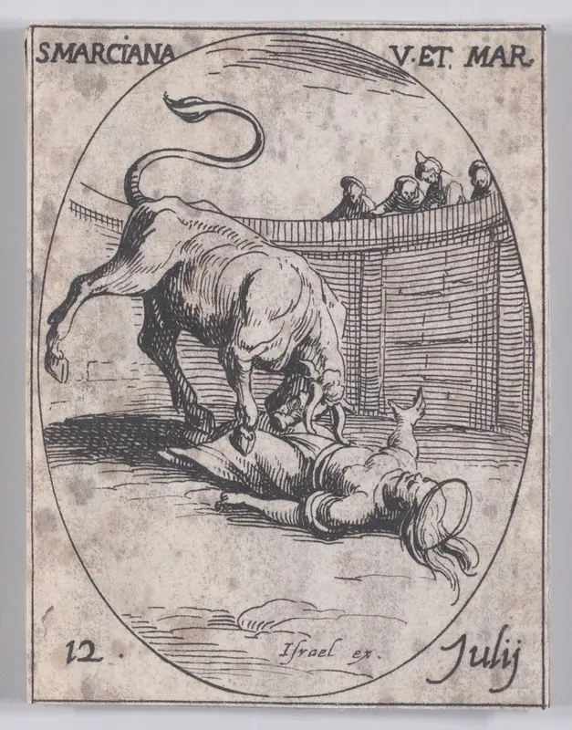 Ste. Marcienne, vierge et martyre (St. Marciana, Virgin and Martyr), July 12th, from "Les Images De Tous Les Saincts et Saintes de L'Année" (Images of All of the Saints and Religious Events of the Year) Wall Art by Jacques Callot - High-Resolution Digital Print
