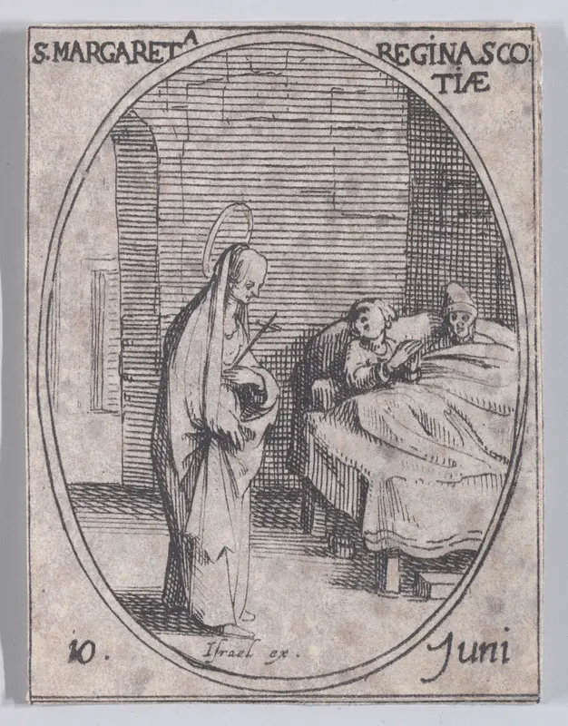 Ste. Marguerite, Reine de Écosse (St. Margaret, Queen of Scotland), June 10th, from "Les Images De Tous Les Saincts et Saintes de L'Année" (Images of All of the Saints and Religious Events of the Year) Wall Art by Jacques Callot - High-Resolution Digital Print
