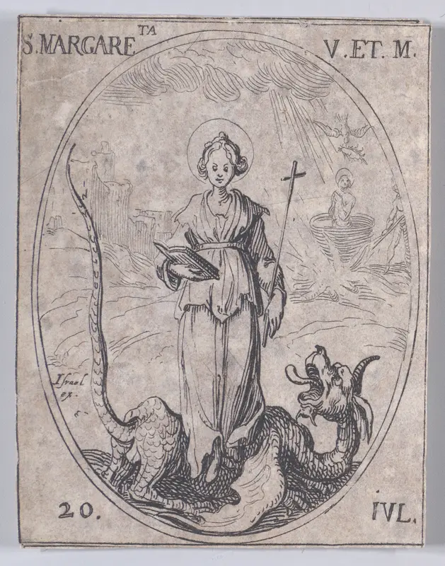 Ste. Marguerite, vierge et martyre (St. Margaret of Antioch, Virgin and Martyr), July 20th, from "Les Images De Tous Les Saincts et Saintes de L'Année" (Images of All of the Saints and Religious Events of the Year) Wall Art by Jacques Callot - High-Resolution Digital Print