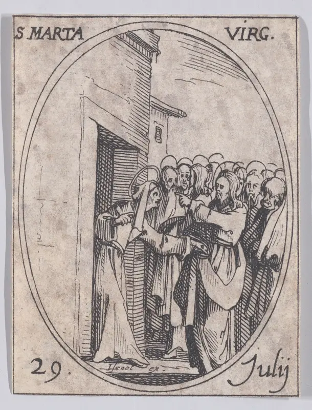 Ste. Marthe, vierge (St. Martha, Virgin), July 29th, from "Les Images De Tous Les Saincts et Saintes de L'Année" (Images of All of the Saints and Religious Events of the Year) Wall Art by Jacques Callot - High-Resolution Digital Print