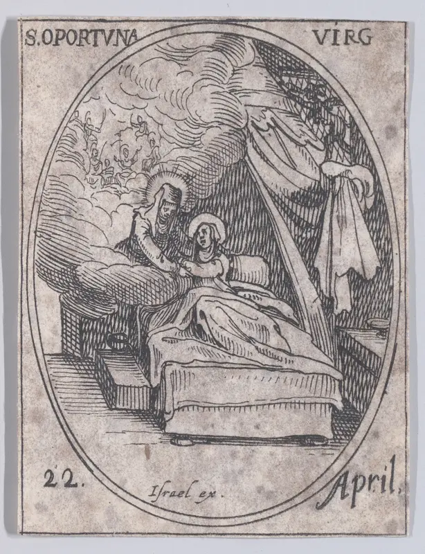 Ste. Opportune, vierge (St. Opportuna, Virgin), April 22nd, from "Les Images De Tous Les Saincts et Saintes de L'Année" (Images of All of the Saints and Religious Events of the Year) Wall Art by Jacques Callot - High-Resolution Digital Print