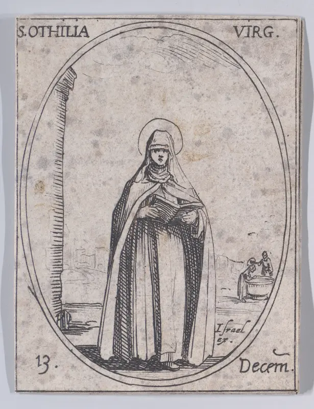 Ste. Othilie, vierge (St. Odilia, Virgin), December 13th, from "Les Images De Tous Les Saincts et Saintes de L'Année" (Images of All of the Saints and Religious Events of the Year) Wall Art by Jacques Callot - High-Resolution Digital Print