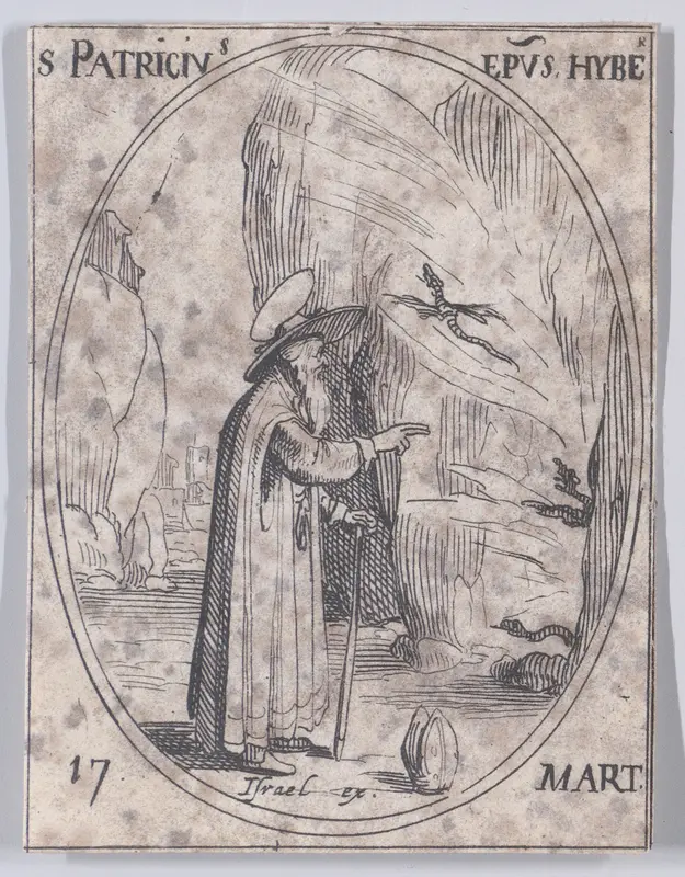 Ste. Patrice, évêque d'Irelande (St. Patrick, Bishop of Ireland), March 17th, from "Les Images De Tous Les Saincts et Saintes de L'Année" (Images of All of the Saints and Religious Events of the Year) Wall Art by Jacques Callot - High-Resolution Digital Print