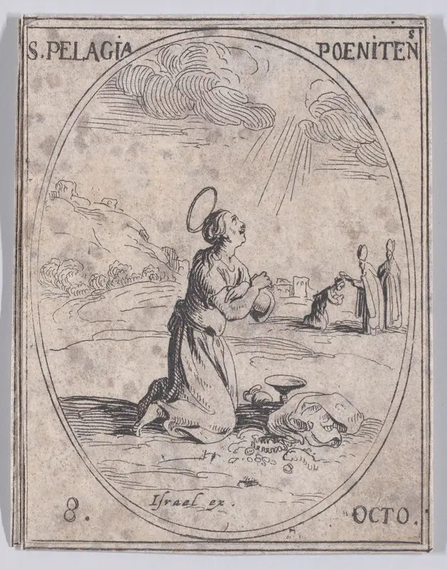 Ste. Pélagie, pénitente (St. Pelagia, Penitent), October 8th, from "Les Images De Tous Les Saincts et Saintes de L'Année" (Images of All of the Saints and Religious Events of the Year) Wall Art by Jacques Callot - High-Resolution Digital Print