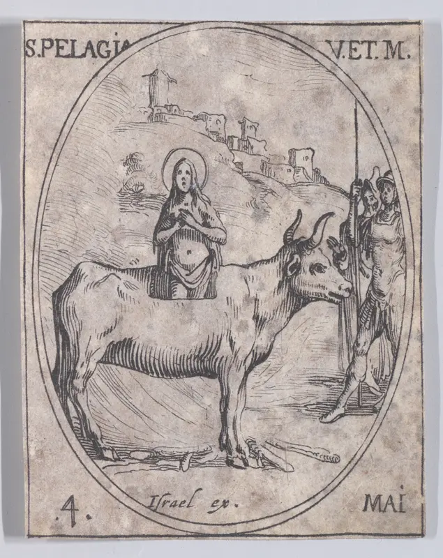 Ste. Pélagie, vierge et martyre (St. Pelagia, Virgin and Martyr), May 4th, from "Les Images De Tous Les Saincts et Saintes de L'Année" (Images of All of the Saints and Religious Events of the Year) Wall Art by Jacques Callot - High-Resolution Digital Print