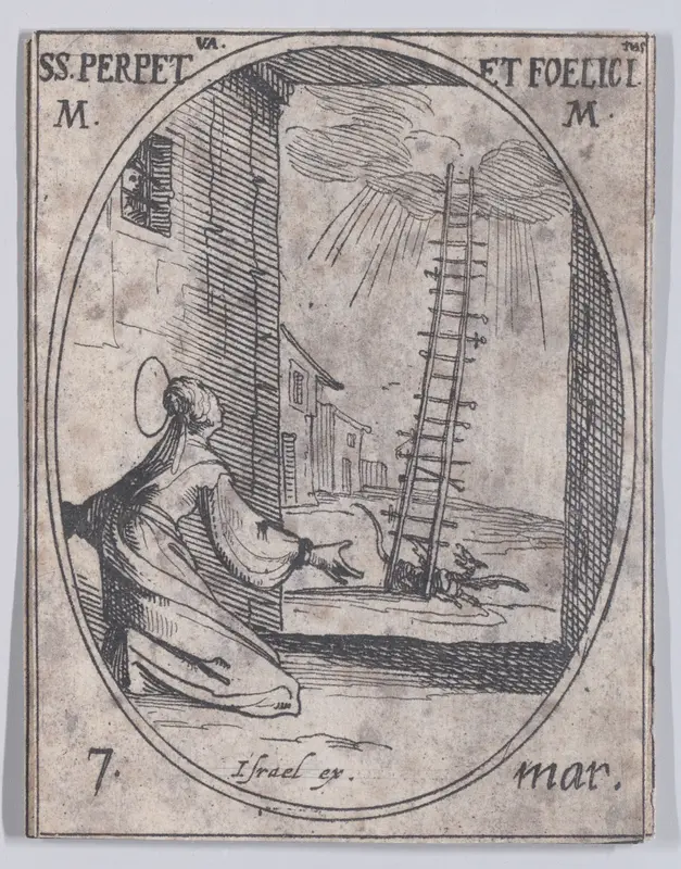 Ste. Perpétue et Ste. Félicité, martyres (St. Perpetua and St. Felicita, Martyrs), March 7th, from "Les Images De Tous Les Saincts et Saintes de L'Année" (Images of All of the Saints and Religious Events of the Year) Wall Art by Jacques Callot - High-Resolution Digital Print