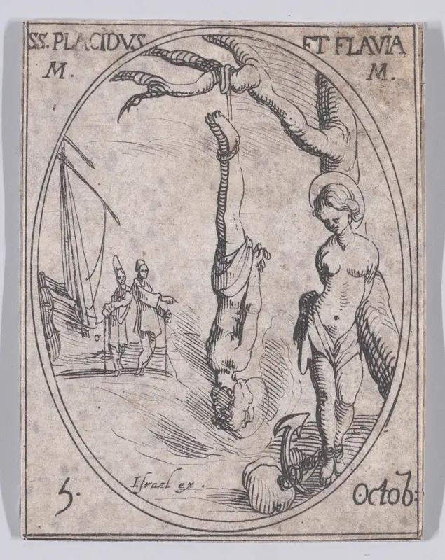 Ste. Placide et Ste. Flavie, martyres (St. Placid and St. Flavia, Martyrs), October 5th, from "Les Images De Tous Les Saincts et Saintes de L'Année" (Images of All of the Saints and Religious Events of the Year) Wall Art by Jacques Callot - High-Resolution Digital Print