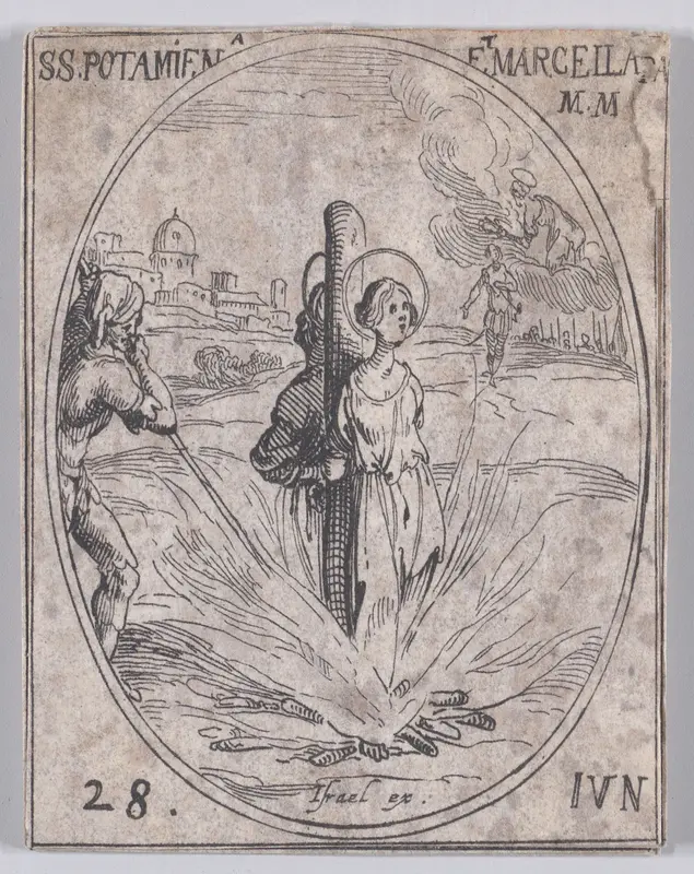 Ste. Potamienne et Ste. Marcelle, martyres (St. Potamiaena and St. Marcella, Martyrs), June 28th, from "Les Images De Tous Les Saincts et Saintes de L'Année" (Images of All of the Saints and Religious Events of the Year) Wall Art by Jacques Callot - High-Resolution Digital Print