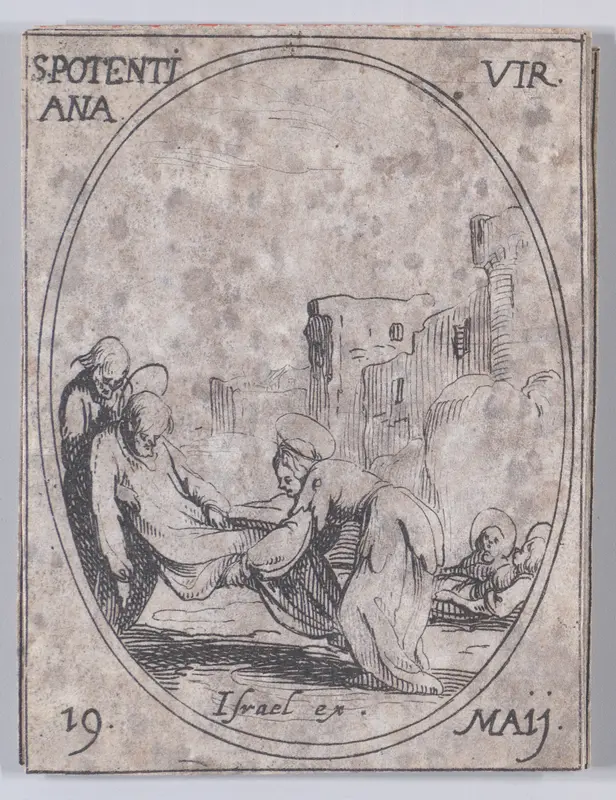 Ste. Potentienne, vierge (St. Pudentiana, Virgin), May 19th, from "Les Images De Tous Les Saincts et Saintes de L'Année" (Images of All of the Saints and Religious Events of the Year) Wall Art by Jacques Callot - High-Resolution Digital Print