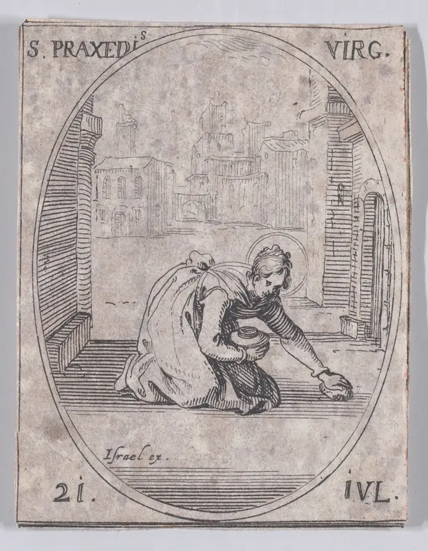 Ste. Praxède, vierge (St. Praxede, Virgin), July 21st, from "Les Images De Tous Les Saincts et Saintes de L'Année" (Images of All of the Saints and Religious Events of the Year) Wall Art by Jacques Callot - High-Resolution Digital Print