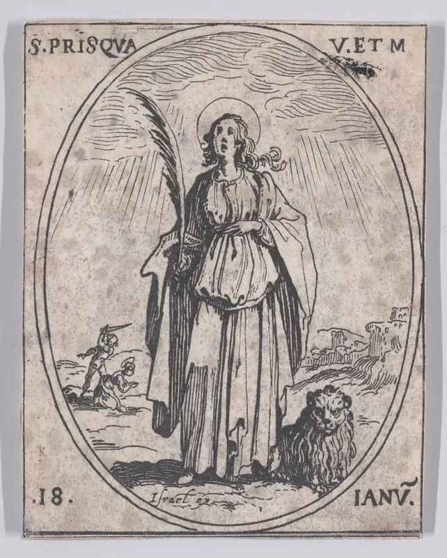 Ste. Prisque, vierge et martyre (St. Prisca, Virgin and Martyr), January 18th, from "Les Images De Tous Les Saincts et Saintes de L'Année" (Images of All of the Saints and Feast Days of the Year) Wall Art by Jacques Callot - High-Resolution Digital Print