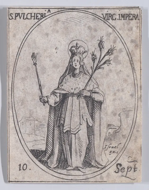 Ste. Pulchérie, impératrice et vierge (St. Pulcheria, Empress and Virgin), September 10th, from "Les Images De Tous Les Saincts et Saintes de L'Année" (Images of All of the Saints and Religious Events of the Year) Wall Art by Jacques Callot - High-Resolution Digital Print
