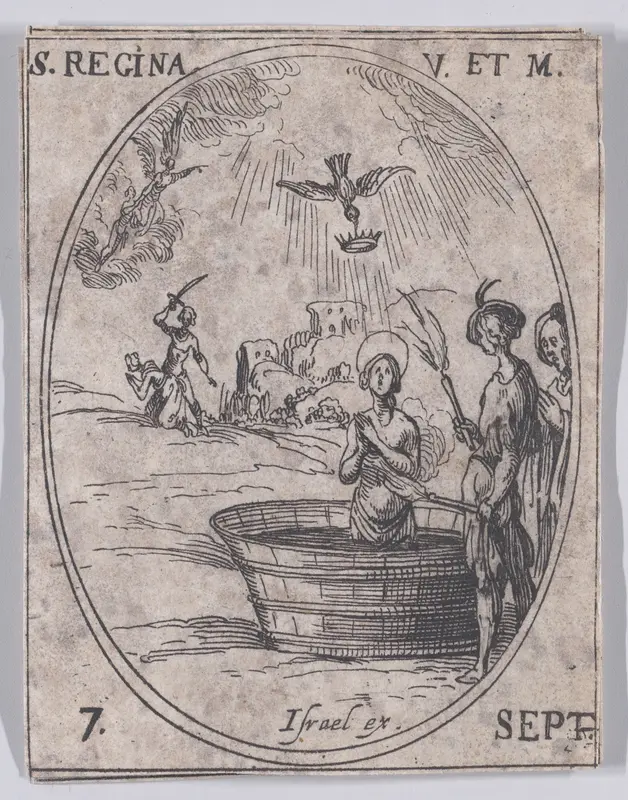 Ste. Reine, vierge et martyre (St. Regina, Virgin and Martyr), September 7th, from "Les Images De Tous Les Saincts et Saintes de L'Année" (Images of All of the Saints and Religious Events of the Year) Wall Art by Jacques Callot - High-Resolution Digital Print