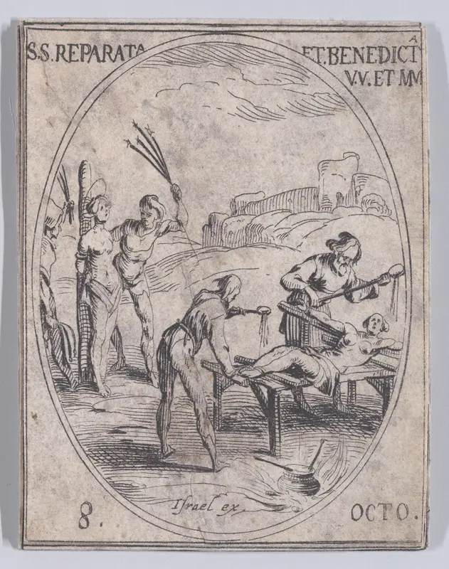 Ste. Reparate et Ste. Benoite, vierges et martyres (St. Reparata and St. Benedicta, Virgins and Martyrs), October 8th, from "Les Images De Tous Les Saincts et Saintes de L'Année" (Images of All of the Saints and Religious Events of the Year) Wall Art by Jacques Callot - High-Resolution Digital Print