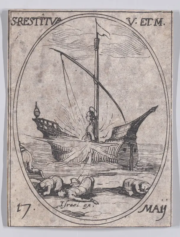Ste. Restitue, vierge et martyre (St. Restituta, Virgin and Martyr), May 17th, from "Les Images De Tous Les Saincts et Saintes de L'Année" (Images of All of the Saints and Religious Events of the Year) Wall Art by Jacques Callot - High-Resolution Digital Print