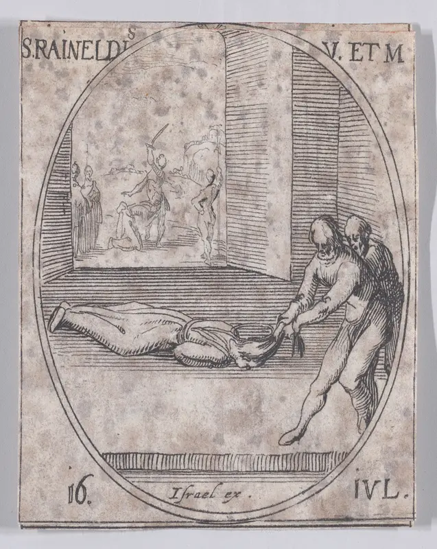 Ste. Reynelde, vierge et martyre (St. Reineldis, Virgin and Martyr), July 16th, from "Les Images De Tous Les Saincts et Saintes de L'Année" (Images of All of the Saints and Religious Events of the Year) Wall Art by Jacques Callot - High-Resolution Digital Print
