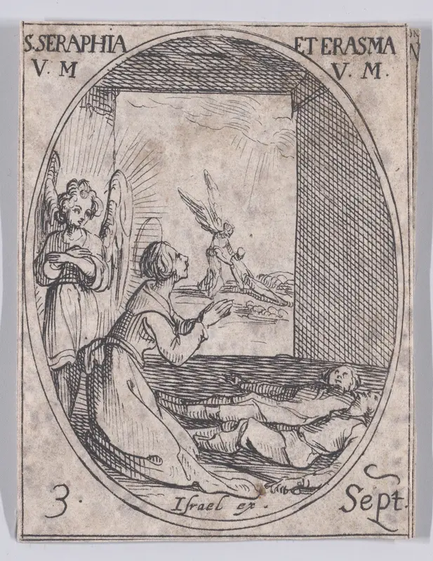 Ste. Séraphie et Ste. Erasme, vierges et martyres (St. Seraphia and St. Erasma, Virgins and Martyrs), September 3rd, from "Les Images De Tous Les Saincts et Saintes de L'Année" (Images of All of the Saints and Religious Events of the Year) Wall Art by Jacques Callot - High-Resolution Digital Print