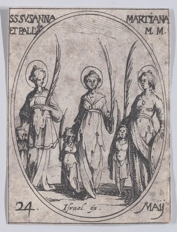 Ste. Suzanne, Ste. Marienne et Ste. Palladie (St. Susanna, St. Mariana, and St. Palladia), May 24th, from "Les Images De Tous Les Saincts et Saintes de L'Année" (Images of All of the Saints and Religious Events of the Year) Wall Art by Jacques Callot - High-Resolution Digital Print