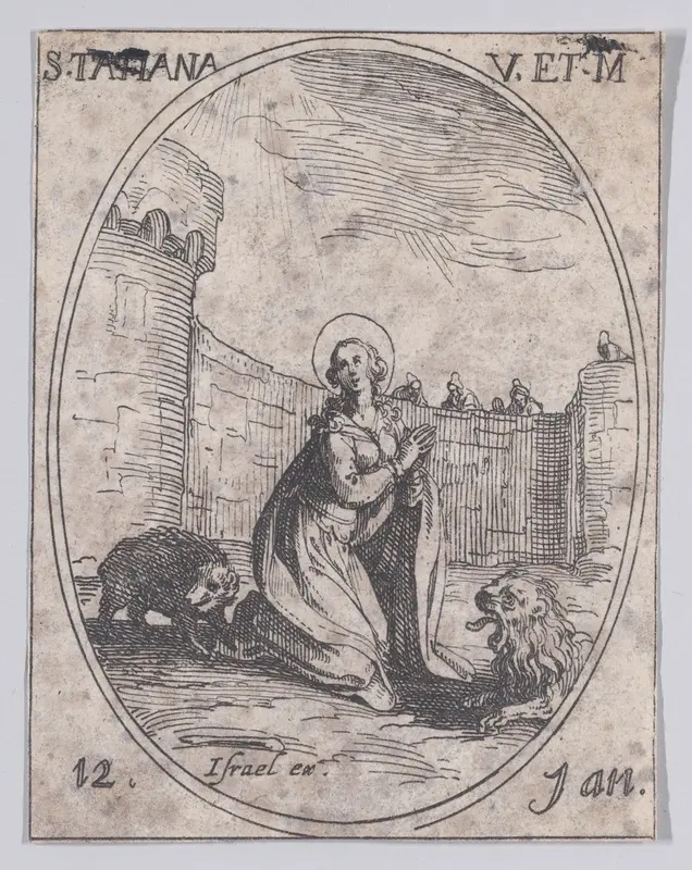 Ste. Tatienne, vierge et martyre (St. Tatiana, Virgin and Martyr), January 12th, from "Les Images De Tous Les Saincts et Saintes de L'Année" (Images of All of the Saints and Feast Days of the Year) Wall Art by Jacques Callot - High-Resolution Digital Print