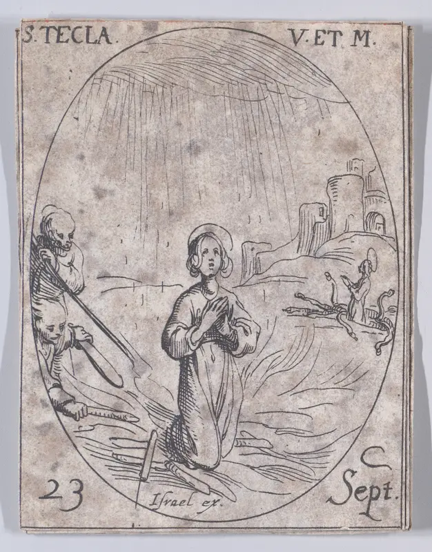 Ste. Thècle, vierge et martyre (St. Thecla, Virgin and Martyr), September 23rd, from "Les Images De Tous Les Saincts et Saintes de L'Année" (Images of All of the Saints and Religious Events of the Year) Wall Art by Jacques Callot - High-Resolution Digital Print