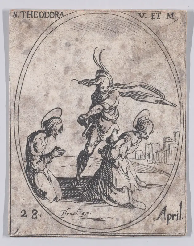 Ste. Théodore, vierge et martyre (St. Theodora, Virgin and Martyr), April 28th, from "Les Images De Tous Les Saincts et Saintes de L'Année" (Images of All of the Saints and Religious Events of the Year) Wall Art by Jacques Callot - High-Resolution Digital Print