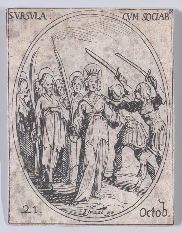 Ste. Ursule et Ses Compagnes (St. Ursula and Her Companions), October 21st, from "Les Images De Tous Les Saincts et Saintes de L'Année" (Images of All of the Saints and Religious Events of the Year) Wall Art by Jacques Callot - High-Resolution Digital Print