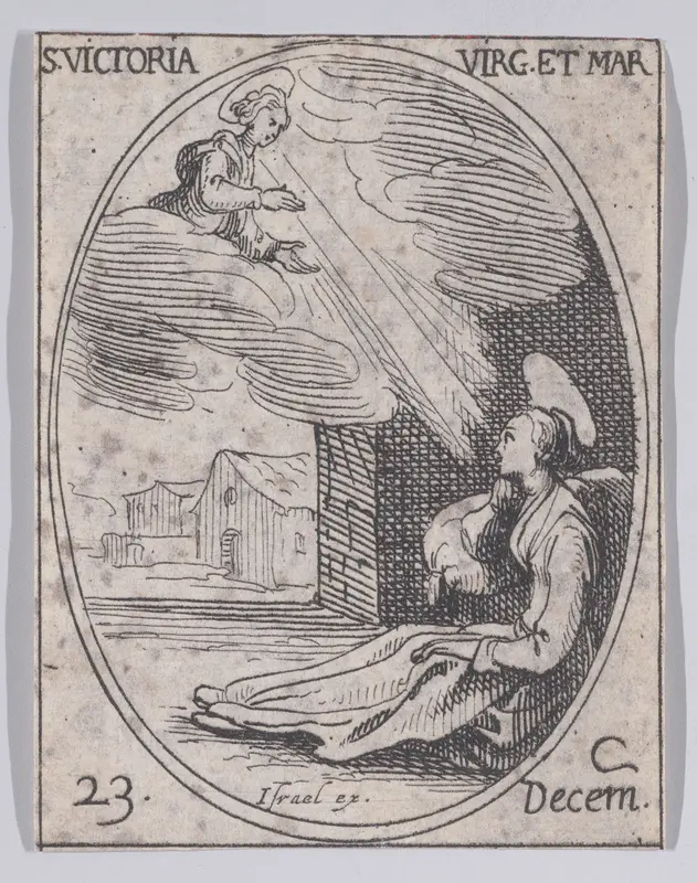 Ste. Victoire, vierge et martyre (St. Victoria, Virgin and Martyr), December 23rd, from "Les Images De Tous Les Saincts et Saintes de L'Année" (Images of All of the Saints and Religious Events of the Year) Wall Art by Jacques Callot - High-Resolution Digital Print